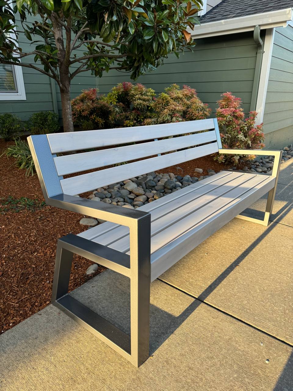 Modern Metal Garden Outdoor Bench 6’ with Corrosion Resistant Frame and Medium Wood Seating