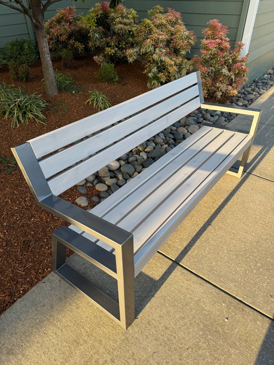 Modern Metal Garden Outdoor Bench 6’ with Corrosion Resistant Frame and Medium Wood Seating