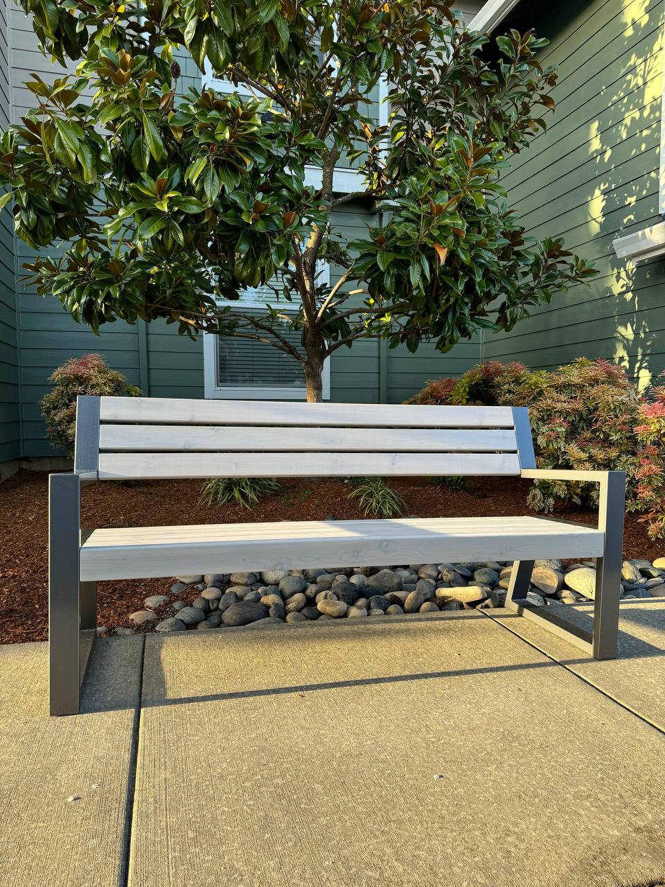 Modern Metal Garden Outdoor Bench 6’ with Corrosion Resistant Frame and Medium Wood Seating