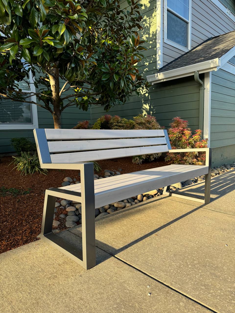 Modern Metal Garden Outdoor Bench 6’ with Corrosion Resistant Frame and Medium Wood Seating