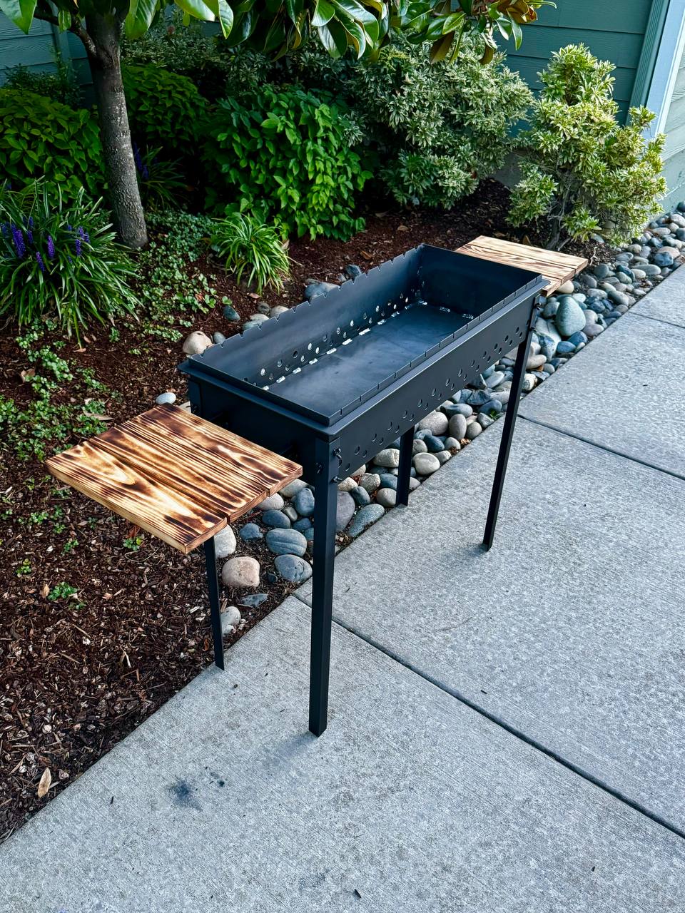 BBQ Grill Steel Mangal with Wooden Stands 14x34 inch  (11Ga/3mm)